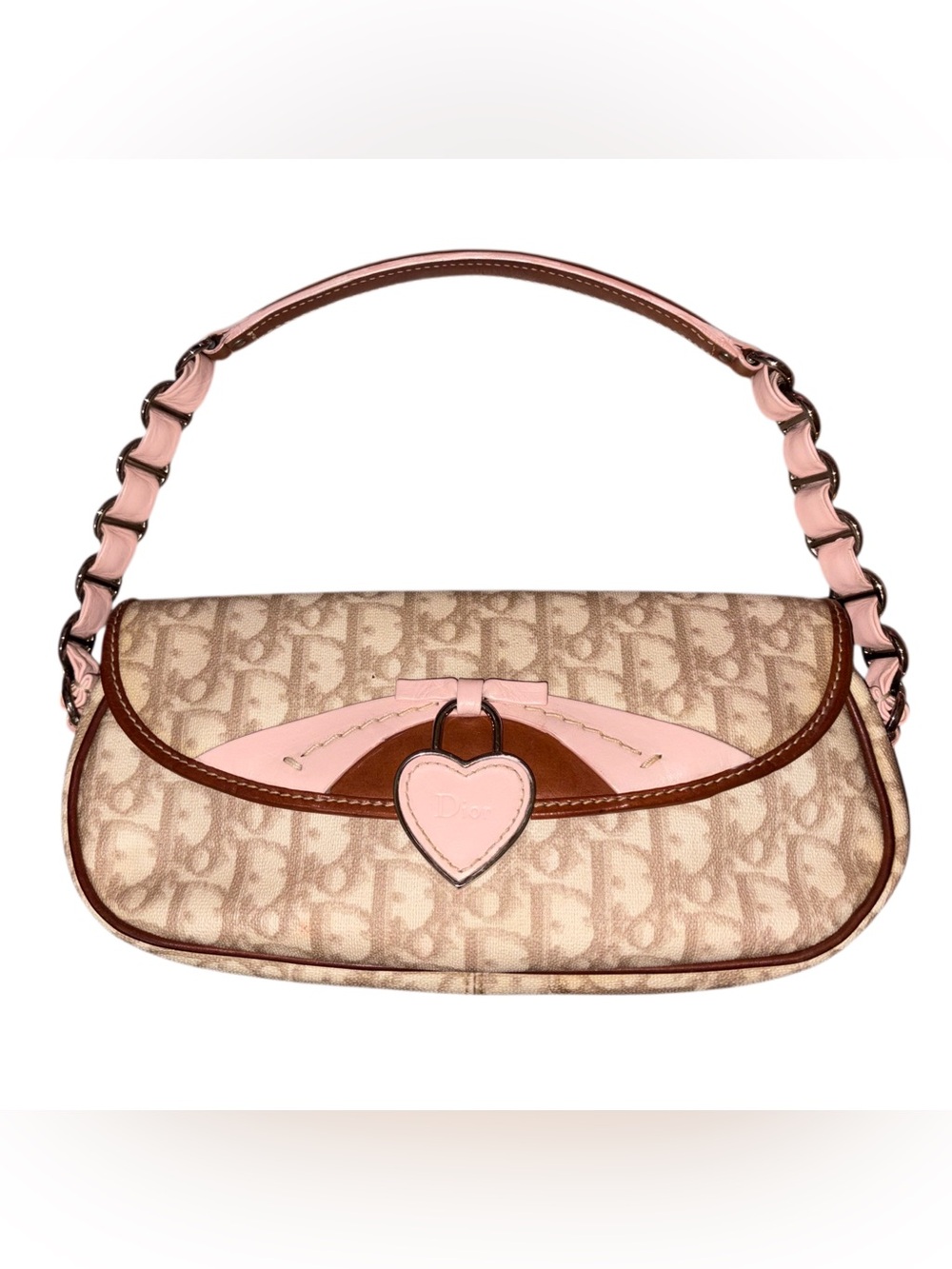 Vintage Dior Romantique Beige/Pink Trotter Heart Charm Shoulder Bag